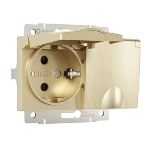 Изображение Розетка двойная влагозащ. с зазем. с защит. крышками и шторками (шампань рифленый) W1172210